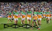 19 June 2022; The Offaly squad assemble for the traditional pre match photograph ahead of the Tailteann Cup Semi-Final match between Westmeath and Offaly at Croke Park in Dublin. Photo by Ray McManus/Sportsfile