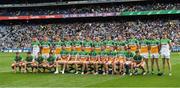 19 June 2022; The Offaly squad before the Tailteann Cup Semi-Final match between Westmeath and Offaly at Croke Park in Dublin. Photo by Ray McManus/Sportsfile
