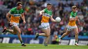 19 June 2022; Dylan Hyland of Offaly with Jordan Hayes, left, and Jack Bryant during the Tailteann Cup Semi-Final match between Westmeath and Offaly at Croke Park in Dublin. Photo by Ray McManus/Sportsfile