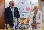 21 June 2022; FAI President Gerry McAnaney and Paula Gorham during the 2022 Evoke.ie FAI Women’s Cup first round draw at FAI Headquarters in Abbotstown, Dublin. Photo by Ramsey Cardy/Sportsfile