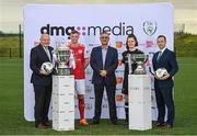 21 June 2022; FAI President Gerry McAnaney, left, David Vaz, DMG Media, centre, League of Ireland Director Mark Scanlon, right, with Chris Forrester of St Patrick's Athletic and Della Doherty of Wexford Youths after the 2022 Extra.ie FAI Cup and Evoke.ie FAI Women’s Cup First Round Draws at FAI Headquarters in Abbotstown, Dublin. Photo by Ramsey Cardy/Sportsfile