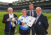 23 June 2022; Alan Black, Customer Relationship Manager - Religious & Education at Allianz, centre, Tadhg Kenny, Uachtarán Cumann na mBunscol , left, and Jerry Grogan, PRO, Cumann na mBunscol with Mia Coleman, Gaelscoil Inse Chór, at the Allianz Cumann na mBunscol captain presentations in Croke Park, Dublin. Photo by Ray McManus/Sportsfile