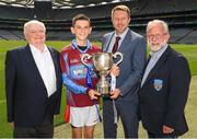 23 June 2022; Alan Black, Customer Relationship Manager - Religious & Education at Allianz, Tadhg Kenny, Uachtarán Cumann na mBunscol, left, and Jerry Grogan, PRO, Cumann na mBunscol, right, with Matthew Molloy, St Cronan's, Brackenstown, at the Allianz Cumann na mBunscol captain presentations in Croke Park, Dublin. Photo by Ray McManus/Sportsfile