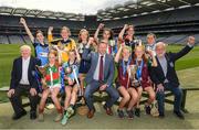 23 June 2022; Alan Black, Customer Relationship Manager - Religious & Education at Allianz, front centre, Tadhg Kenny, Uachtarán Cumann na mBunscol , left, and Jerry Grogan, PRO, Cumann na mBunscol, right, with back row, left to right, Aoibhinn O'Farrell, Scoil Thomáis, Ava Grace O'Riordan, Scoil Thomáis, Annie McCauley, Loretto Grange Road, Úna ó Bréartúin, Gaelscoil Chnoc Liamhna, Caoimhe Phelan, St Olaf's N.S., and Mia Coleman, Gaelscoil Inse Chór, front row l to r, Amy Nic Gabhann, Scoil Mológa, Béibhinn O'Donnell, Loretto PS, Dalkey, Cara Keane, and Eadaoin McClean  Holly Park GNS, at the Allianz Cumann na mBunscol captain presentations in Croke Park, Dublin. Photo by Ray McManus/Sportsfile