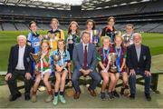 23 June 2022; Alan Black, Customer Relationship Manager - Religious & Education at Allianz, front centre, Tadhg Kenny, Uachtarán Cumann na mBunscol , left, and Jerry Grogan, PRO, Cumann na mBunscol, right, with back row, left to right, Aoibhinn O'Farrell, Scoil Thomáis, Ava Grace O'Riordan, Scoil Thomáis, Annie McCauley, Loretto Grange Road, Úna ó Bréartúin, Gaelscoil Chnoc Liamhna, Caoimhe Phelan, St Olaf's N.S., and Mia Coleman, Gaelscoil Inse Chór, front row l to r, Amy Nic Gabhann, Scoil Mológa, Béibhinn O'Donnell, Loretto PS, Dalkey, Cara Keane, and Eadaoin McClean  Holly Park GNS, at the Allianz Cumann na mBunscol captain presentations in Croke Park, Dublin. Photo by Ray McManus/Sportsfile