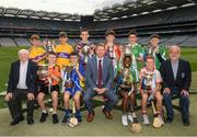 23 June 2022; Alan Black, Customer Relationship Manager - Religious & Education at Allianz, front centre, Tadhg Kenny, Uachtarán Cumann na mBunscol, left, and Jerry Grogan, PRO, Cumann na mBunscol, right, with back row, left to right, Tom O'Halloran, Scoil Lorcán Naofa, Joseph Davy, Scoil Lorcán Naofa, Matthew Molloy, St Cronan's, Brackenstown, Richard McCann, Griffith Barracks NS, Harry Mac Eoghain, Scoil Naithí,and Peter Nurray, Scoil Bhríde, front row l to r, Ronan Feerick, St Bridid's Killester, Luke Coughlan, St Patrick's, Drumcondra, Victor Adanikin, St Mary's Lucan, and Marley Gregg, Scoil Chrónáin, at the Allianz Cumann na mBunscol captain presentations in Croke Park, Dublin. Photo by Ray McManus/Sportsfile