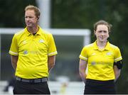 22 June 2022; Referees Rob Abbot, left, with Christina Coulter Reilly before the SoftCo Series International Hockey match between Ireland and Japan at the National Hockey Stadium in UCD, Dublin. Photo by George Tewkesbury/Sportsfile