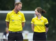 22 June 2022; Referees Rob Abbot, left, with Christina Coulter Reilly during the SoftCo Series International Hockey match between Ireland and Japan at the National Hockey Stadium in UCD, Dublin. Photo by George Tewkesbury/Sportsfile