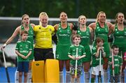 23 June 2022; Ireland players during the National Anthem before the SoftCo Series match between Ireland and Japan at National Hockey Stadium in UCD, Dublin. Photo by David Fitzgerald/Sportsfile