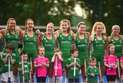 23 June 2022; Ireland players during the National Anthem before the SoftCo Series match between Ireland and Japan at National Hockey Stadium in UCD, Dublin. Photo by David Fitzgerald/Sportsfile