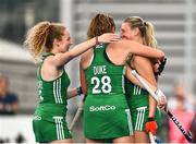 23 June 2022; Sofira O'Brien of Ireland, right, is congratulated by team mates after scoring their side's first goal during the SoftCo Series match between Ireland and Japan at National Hockey Stadium in UCD, Dublin. Photo by David Fitzgerald/Sportsfile