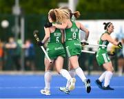 23 June 2022; Michelle Carey, left, and Katie Mullan celebrate their side's first goal during the SoftCo Series match between Ireland and Japan at National Hockey Stadium in UCD, Dublin. Photo by David Fitzgerald/Sportsfile