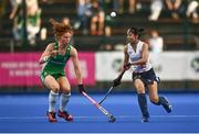 23 June 2022; Sarah McAuley of Ireland in action against Natsuha Matsumoto of Japan during the SoftCo Series match beetween Ireland and Japan at National Hockey Stadium in UCD, Dublin. Photo by David Fitzgerald/Sportsfile