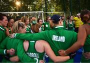 23 June 2022; Ireland players huddle after the SoftCo Series match between Ireland and Japan at National Hockey Stadium in UCD, Dublin. Photo by David Fitzgerald/Sportsfile