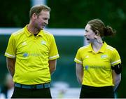 22 June 2022; referees Rob Abbot, left, with Christina Coulter Reilly during the SoftCo Series International Hockey match between Ireland and Japan at the National Hockey Stadium in UCD, Dublin. Photo by George Tewkesbury/Sportsfile