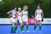 22 June 2022; Róisín Upton of Ireland, left, talking to team mates Naomi Carroll, Michelle Carey and Hannah McLoughlin, right, before the start of the Penalty shuttles during the SoftCo Series International Hockey match between Ireland and Japan at the National Hockey Stadium in UCD, Dublin. Photo by George Tewkesbury/Sportsfile