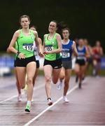 24 June 2022; Saoirse Fitzgerald of Presentation Tuam, left, on her way to winning the Girls 800M race during the Irish Life Health Tailteann School’s Inter-Provincial Games at Tullamore Harriers Stadium in Tullamore. Photo by David Fitzgerald/Sportsfile