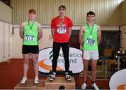 24 June 2022; The Shot Put podium, first place, Liam Shaw of Presentation Athenry, centre, second place, Andrew Cooper of Kilkenny College, left, and third place, Cian Crampton of Oaklands CC Edenderry during the Irish Life Health Tailteann School’s Inter-Provincial Games at Tullamore Harriers Stadium in Tullamore. Photo by David Fitzgerald/Sportsfile