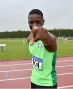 24 June 2022; Sean Aigboboh of The High School Rathgar celebrates after winning the Boys 100M race during the Irish Life Health Tailteann School’s Inter-Provincial Games at Tullamore Harriers Stadium in Tullamore. Photo by David Fitzgerald/Sportsfile