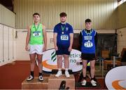 24 June 2022; The Hammer podium, first place, Emmett O'Neill of Abbey CC Ferrybank, centre, second place, Sami Bishti of Blackrock College, left, and third place, Corey Scanlon of St Augustines Dungarvan during the Irish Life Health Tailteann School’s Inter-Provincial Games at Tullamore Harriers Stadium in Tullamore. Photo by David Fitzgerald/Sportsfile