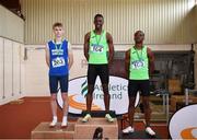24 June 2022; The Boys 100M podium, first place, Sean Aigboboh of The High School Rathgar, centre, second place, Ethan Quarry of Kilrush CS, left, and third place, Jessy Osas of Dunshaughlin CS during the Irish Life Health Tailteann School’s Inter-Provincial Games at Tullamore Harriers Stadium in Tullamore. Photo by David Fitzgerald/Sportsfile