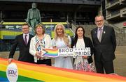 24 June 2022; On Saturday the 25th of June, the Gaelic Games family encourage all clubs to show their visibility on pride weekend and express solidarity with those who are LGBTQI+. At the launch are Ard Stiúrthóir of the GAA Tom Ryan, Dublin Pride Chairperson and Director Philippa Ryder and Grand Marshal for the Parade Rachel McCoy, Diversity and Inclusion officer Ger McTavish, and GAA President Larry McCarthy, during the GAA, LGFA, Camogie, GPA- Walk with us with PRIDE activity at Croke Park in Dublin. The Gaelic Games Associations would like to invite all to walk with then in Dublin Pride Parade on Saturday, June 25Ard Stiúrthóir of the GAA Tom RyanUachtarán Chumann Lúthchleas Gael Larry McCarthy. Photo by Ray McManus/Sportsfile