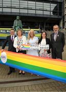 24 June 2022; On Saturday the 25th of June, the Gaelic Games family encourage all clubs to show their visibility on pride weekend and express solidarity with those who are LGBTQI+. At the launch are Ard Stiúrthóir of the GAA Tom Ryan, Dublin Pride Chairperson and Director Philippa Ryder and Grand Marshal for the Parade Rachel McCoy, Diversity and Inclusion officer Ger McTavish, and GAA President Larry McCarthy, during the GAA, LGFA, Camogie, GPA- Walk with us with PRIDE activity at Croke Park in Dublin. The Gaelic Games Associations would like to invite all to walk with then in Dublin Pride Parade on Saturday, June 25. Photo by Ray McManus/Sportsfile
