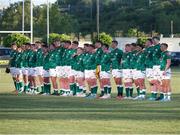 24 June 2022; Ireland players during the anthem before the Six Nations U20 summer series match between Ireland and France at Payanini Centre in Verona, Italy. Photo by Roberto Bregani/Sportsfile