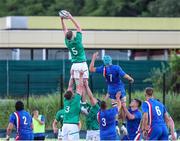 24 June 2022; Adam McNamee of Ireland gets a high ball in a line-out during the Six Nations U20 summer series match between Ireland and France at Payanini Centre in Verona, Italy. Photo by Roberto Bregani/Sportsfile