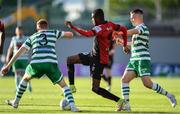 24 June 2022; Junior Ogedi-Uzokwe of Bohemians in action against Sean Hoare, left, and Andy Lyons of Shamrock Rovers during the SSE Airtricity League Premier Division match between Shamrock Rovers and Bohemians at Tallaght Stadium in Dublin. Photo by George Tewkesbury/Sportsfile