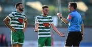 24 June 2022; Roberto Lopes of Shamrock Rovers, left, and team mate Dylan Watts remonstrate with Referee Rob Harvey during the SSE Airtricity League Premier Division match between Shamrock Rovers and Bohemians at Tallaght Stadium in Dublin. Photo by George Tewkesbury/Sportsfile
