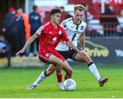 24 June 2022; Jad Hakiki of Shelbourne in action against Greg Sloggett of Dundalk during the SSE Airtricity League Premier Division match between Shelbourne and Dundalk at Tolka Park in Dublin. Photo by Michael P Ryan/Sportsfile