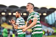 24 June 2022; Andy Lyons of Shamrock Rovers celebrates after his side's victory in the SSE Airtricity League Premier Division match between Shamrock Rovers and Bohemians at Tallaght Stadium in Dublin. Photo by Ramsey Cardy/Sportsfile