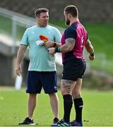 25 June 2022; National scrum coach John Fogarty, left, and Andrew Porter during Ireland rugby squad training at North Harbour Stadium in Auckland, New Zealand. Photo by Brendan Moran/Sportsfile