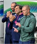 25 June 2022; Keith Earls, right, IRFU performance director David Nucifora and head coach Andy Farrell applaud after students from De La Salle college, Auckland, performed a traditional haka after squad training at North Harbour Stadium in Auckland, New Zealand. Photo by Brendan Moran/Sportsfile