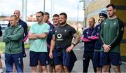 25 June 2022; Members of the Ireland squad, from left, Keith Earls, forwards coach Paul O'Connell, Mack Hansen, defence coach Simon Easterby, Tadhg Furlong, Andrew Porter, strength and conditioning coach Jason Cowman, Harry Byrne and James Ryan watch students from De La Salle college, Auckland, perform a traditional haka after squad training at North Harbour Stadium in Auckland, New Zealand. Photo by Brendan Moran/Sportsfile
