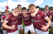 25 June 2022; Galway players, Seán Dunne, Fionn O'Connor and Adam Colleran celebrate after the Electric Ireland GAA All-Ireland Football Minor Championship Semi-Final match between Galway and Derry at Parnell Park, Dublin. Photo by Ray McManus/Sportsfile