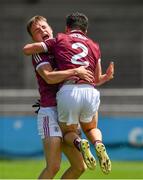 25 June 2022; Tomás Farthing, 2, and Ryan Flaherty of Galway celebrate on the final whistle at the Electric Ireland GAA All-Ireland Football Minor Championship Semi-Final match between Galway and Derry at Parnell Park, Dublin. Photo by Ray McManus/Sportsfile