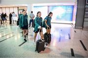 25 June 2022; Republic of Ireland's Abbie Larkin and Jess Ziu, right, on the team's arrival at Tbilisi International Airport in Georgia ahead of their FIFA Women's World Cup 2023 Qualifier match against Georgia on Monday. Photo by Stephen McCarthy/Sportsfile