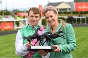 25 June 2022; Colin Keane with his girlfriend Kerri Lyons after winning The Dubai Duty Free Irish Derby on Westover during the Dubai Duty Free Irish Derby Festival at The Curragh Racecourse in Kildare. Photo by Matt Browne/Sportsfile