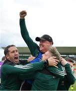 25 June 2022; Mayo manager Seán Deane, centre, celebrates with selectors Danny O'Toole, left, and Shane McCann after the Electric Ireland GAA All-Ireland Football Minor Championship Semi-Final match between Mayo and Kerry at O'Connor Park in Tullamore, Offaly. Photo by George Tewkesbury/Sportsfile