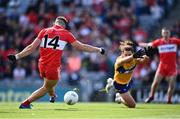 25 June 2022; Shane McGuigan of Derry shoots to score his side's fifth goal during the GAA Football All-Ireland Senior Championship Quarter-Final match between Clare and Derry at Croke Park, Dublin. Photo by David Fitzgerald/Sportsfile