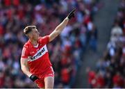25 June 2022; Shane McGuigan of Derry celebrates after scoring his side's fifth goal during the GAA Football All-Ireland Senior Championship Quarter-Final match between Clare and Derry at Croke Park, Dublin. Photo by David Fitzgerald/Sportsfile
