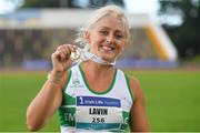 25 June 2022; Sarah Lavin of Emerald AC, Limerick, after winning the women's 100m hurdles final during day one of the Irish Life Health National Senior Track and Field Championships 2022 at Morton Stadium in Dublin. Photo by Ramsey Cardy/Sportsfile