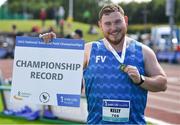 25 June 2022; John Kelly of Finn Valley AC, Donegal, after winning the men's shotput, with a championship record, during day one of the Irish Life Health National Senior Track and Field Championships 2022 at Morton Stadium in Dublin. Photo by Ramsey Cardy/Sportsfile