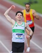 25 June 2022; Mark Smyth of Raheny Shamrock AC, Dublin, celebrates winning the men's 200m final during day one of the Irish Life Health National Senior Track and Field Championships 2022 at Morton Stadium in Dublin. Photo by Ramsey Cardy/Sportsfile