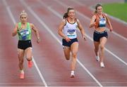 25 June 2022; Lauren Cadden of Sligo AC, Sligo, centre, and Sarah Leahy of Killarney Valley AC, Kerry, competing in the women's 200m during day one of the Irish Life Health National Senior Track and Field Championships 2022 at Morton Stadium in Dublin. Photo by Ramsey Cardy/Sportsfile