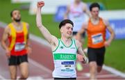 25 June 2022; Mark Smyth of Raheny Shamrock AC, Dublin, celebrates winning the men's 200m final during day one of the Irish Life Health National Senior Track and Field Championships 2022 at Morton Stadium in Dublin. Photo by Ramsey Cardy/Sportsfile