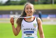 25 June 2022; Lauren Cadden of Sligo AC, Sligo, after winning the women's 200m final during day one of the Irish Life Health National Senior Track and Field Championships 2022 at Morton Stadium in Dublin. Photo by Ramsey Cardy/Sportsfile