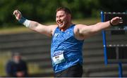 25 June 2022; John Kelly of Finn Valley AC, Donegal, celebrates winning the men's shotput during day one of the Irish Life Health National Senior Track and Field Championships 2022 at Morton Stadium in Dublin. Photo by Ramsey Cardy/Sportsfile